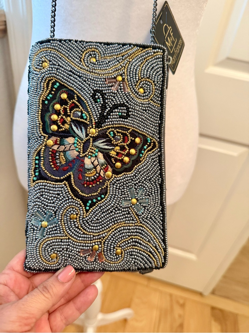 Mary Frances Beaded Butterfly Crossbody Bag - Gray, Gold, Turquoise, Red
